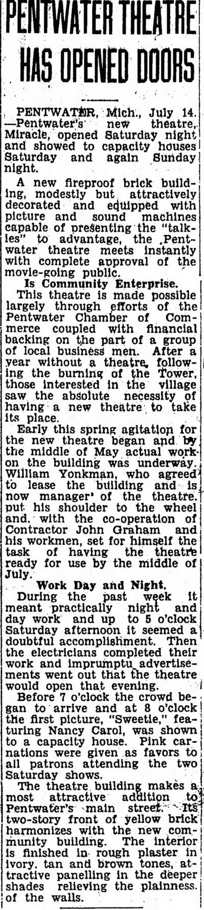 Pentwater Theatre - Jul 14 1930 Opening Article (newer photo)